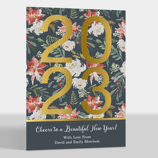 Gold Foil 2023 Floral Flat New Year Cards